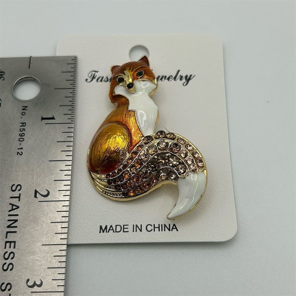 Vibrant Orange Small Enamel Fox Brooch with Rhinestone Accents Sparkle New - Picture 6 of 8